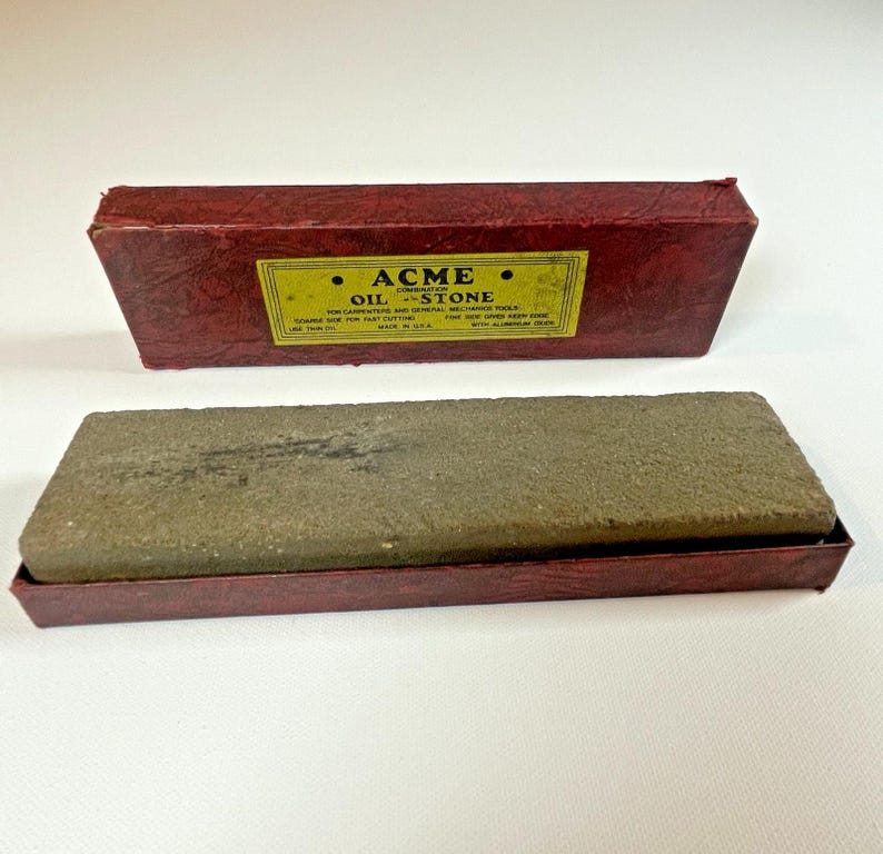 Vtg Acme Knife Sharpening Combination Oil Stone Sharpener Made USA (1930s-50s) afbeelding 1