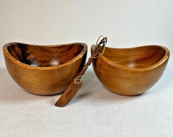 Handmade Hand Turned Wooden Bowl Set of 2, Wire Wrapped Spreader Rustic Folk Art