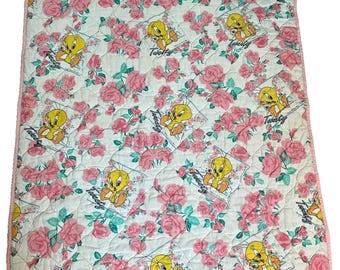 1993 Vtg Warner Bros Baby Looney Tunes Tweety Roses Gerber Blanket 50 x 39 in