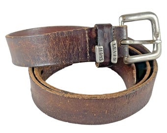 Levis Jeans Vtg 1980s Brown Leather Mens Belt Silver Buckle Adjustable Sz 36-43