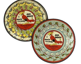 Red Raven Movie Records x2 Vtg 78 rpm M-1/M-2, M-3/M-4 Card Metal Rim + Art Ring