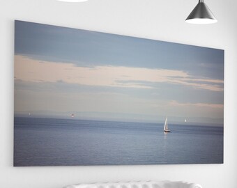 Tranquil Single Sail Boat - Water Landscape Photography - Rustic Home Decor Photo Print - Seattle, Washington