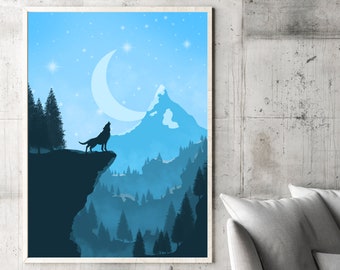 Howling at the Moon - Graphic Illustration Artistic Print - Wolf Howling at Crescent Moon in Snow-Peaked Mountains - Home Decor