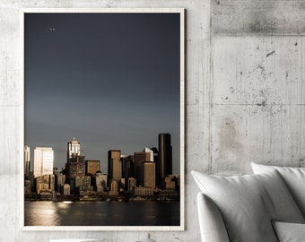 Seattle Skyline Sunset - Fotografía del paisaje urbano - Rustic Home Decor Photo Print - Seattle, Washington