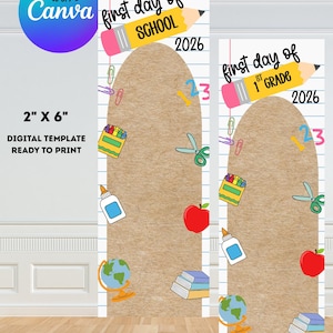 Può includere: Due segnalibri rettangolari di 5,08 cm per 15,24 cm con uno sfondo a righe e un arco marrone centrale. Il design presenta articoli scolastici tra cui una matita, pastelli, forbici, colla, una mela, un mappamondo e dei libri.