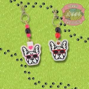 Cool Frenchie Snap Tab / Eyelet In the Hoop Embroidery File, Keychain, Key Fob, French Bulldog, 4x4 Hoop, 5x7 Hoop