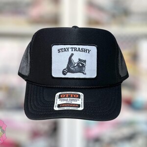 Stay Trashy Raccoon Embroidered Patch Hat | Funny Trucker Cap
