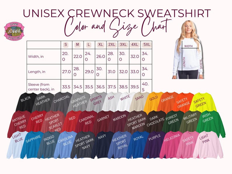 Op de afbeelding: Unisex crewneck sweatshirt kleuren- en maattabel. De tabel toont de afmetingen in centimeters voor breedte, lengte en mouwlengte. Er is een breed scala aan kleuren beschikbaar, waaronder zwart, rood, blauw en groen. Een vrouw draagt een witte sweatshirt.