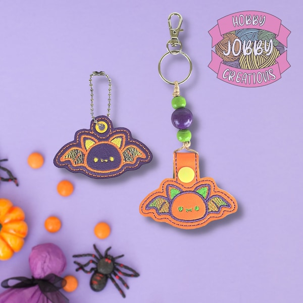 Happy Bat Snap Tab / Eyelet In the Hoop Embroidery Design, Fall, Halloween, Spooky, Keychain, Key Fob, 4x4 Hoop, 5x7 Hoop