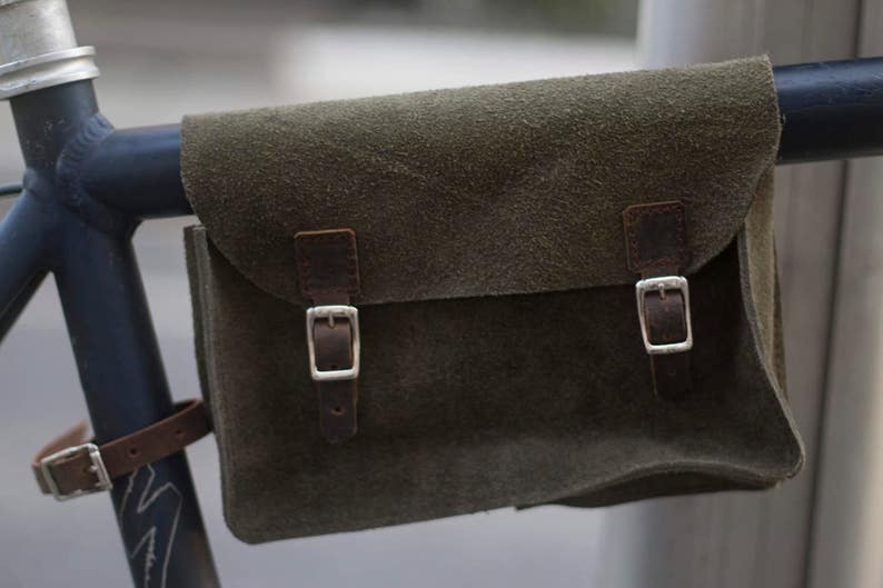 Frame Bag Natural Suede Leather GREEN Bike Bicycle Bag