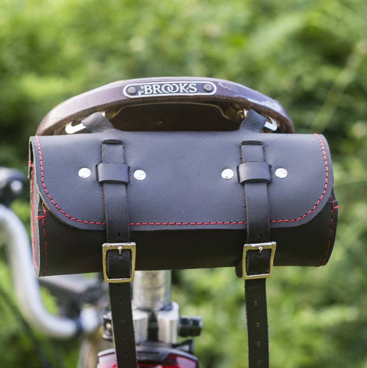 Bicycle Roll Tool Bag Real Leather in BLACK Red stitching