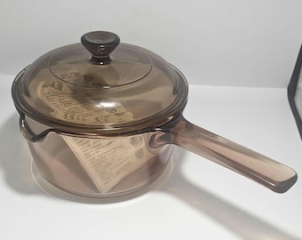 Vintage Corning Visions Amber 1L Saucepan with Lid, Pyroceram Glass Cookware, Made in USA, Retro Kitchen, 1980s Corningware
