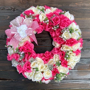 Pink and White Rose Wreath, Floral Wreath, Front Door Wreath, Home Decor, Romance, Valentines, Door Decor, Gifts, Housewarming, Mother&#39;s Day