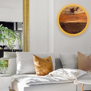 Solar eclipse lighting. Wood circle wall lamp. A dimmable wall light with wireless remote hand made in the USA.