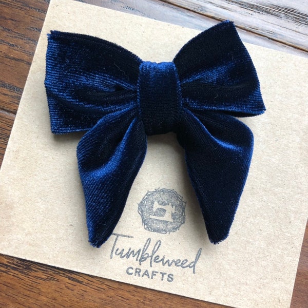 Baby Navy Velvet Hair Bow on Headband or Clip