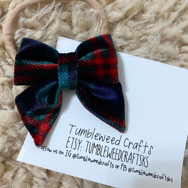 Velvet Small Christmas Plaid Dark Variation Bow Small 2" Size barrette or nylon headband