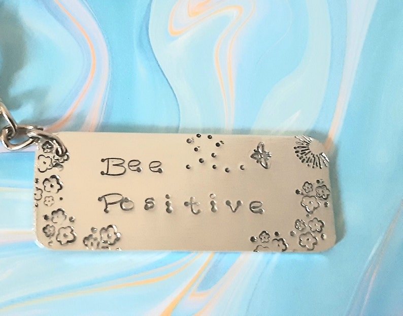 gift for her Motivational quote handmade hand stamped keyring Bee themed gift for him mum dad one of a kind unique