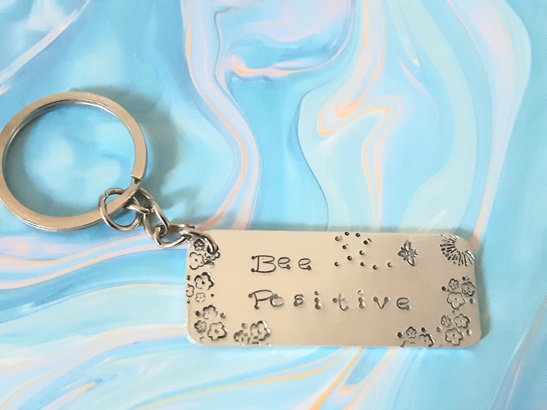 gift for her Motivational quote handmade hand stamped keyring Bee themed gift for him mum dad one of a kind unique