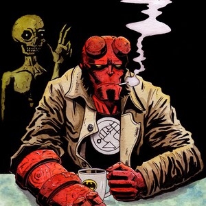 May include: A red-skinned, horned character with a cigarette in his mouth sits at a table with a cup of coffee. He is wearing a brown jacket and a black shirt with a symbol on it. A green, skeletal figure is in the background.