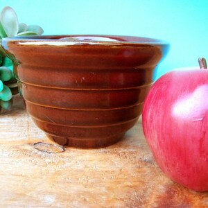 May include: A brown ceramic bowl with a ribbed design, sitting on a wooden surface next to a red apple.