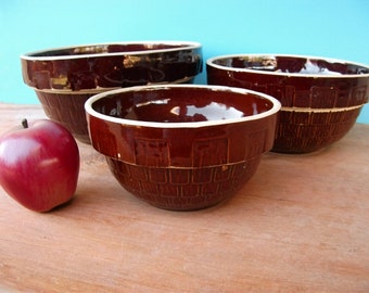 Set Western Stoneware Bowls | Set Three Bowls | Monmouth Illinois Pottery | Vintage Pottery Bread Bowl | MidCentury Pottery Bowls | Shingle