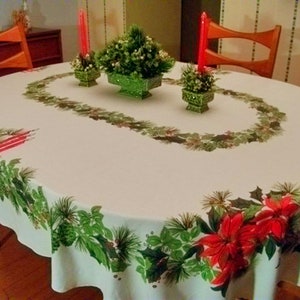 Vintage Christmas Tablecloth | Oval 71&quot; x 60&quot; Size | Poinsettia and Holly Pattern | Red and Green 100% Cotton Tablecloth | Midcentury Decor
