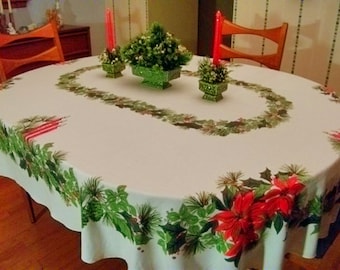Vintage Christmas Tablecloth | Oval 71" x 60" Size | Poinsettia and Holly Pattern | Red and Green 100% Cotton Tablecloth | Midcentury Decor