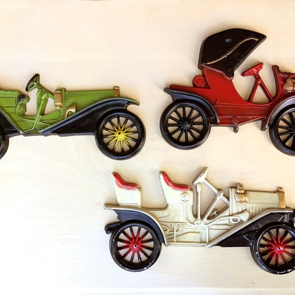 Set of Three Cast Metal Wall Art | Made by Midwest Products Inc. | 1970's Brady Bunch Boys Room Decor | Hupmobile | 1910 Buick | 1905 Pierce