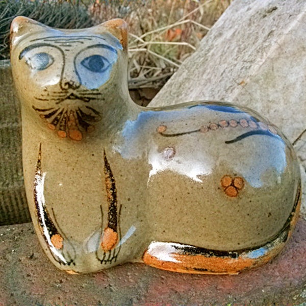 Tonala Mexican Pottery Bru'ido Cat - France Stoneware à haute feu (fr) Figurine de poterie faite à la main (fr) Guadalajara Polychrome - France Jalisco Made Pottery