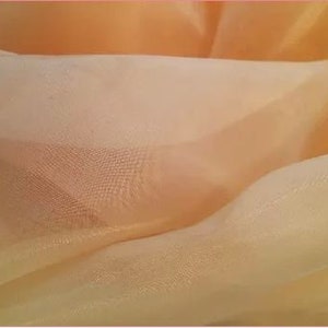 May include: A close-up of a sheer, peach-colored fabric with a delicate, woven texture.