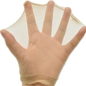 May include: A pair of sheer nude-colored stockings with a delicate knit pattern. The stockings are shown on a hand with the fingers spread out.