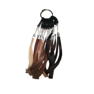 May include: A hair color chart with strands of hair in various shades of blonde, brown, and black attached to a ring.