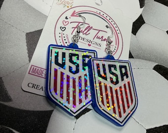 Handmade USA Soccer Earrings | Blue Acrylic Holographic Dangle Earrings | Patriotic Fan Jewelry | Team USA Gift