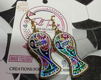 Handmade 2026 Soccer Trophy Earrings | Gold Glitter Acrylic Dangle Earrings | Holographic Sports Fan Jewelry