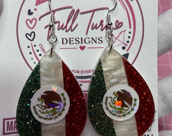 Handmade Mexico Flag Teardrop Earrings | Glitter Acrylic Mexican Eagle Earrings | Fiesta, Soccer & Cultural Jewelry
