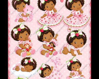 Strawberry Baby Clipart PNG Bundle African American Girl Digital Download Cute Strawberry Theme Images
