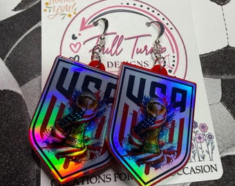 Handmade USA World Cup Earrings | Patriotic Soccer Fan Jewelry | Holographic Acrylic Dangle Earrings | Team USA Gift