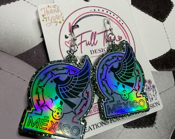 Handmade Mexico Soccer Earrings | Green Glitter Acrylic Dangle Earrings | Holographic Fan Jewelry | Mexico Gift