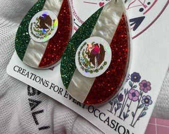 Handmade Mexico Red and Green Glitter Acrylic Dangle Earrings | Holographic Sports Fan Jewelry
