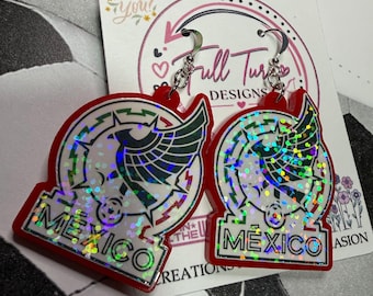 Handmade Mexico Soccer Earrings | Holographic Acrylic Dangle Earrings | Mexico Fan Jewelry | Red Acrylic Sports Gift