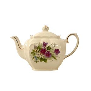 Vintage SADLER Cube Teapot Purple Violets Gold Trim |  Made in England