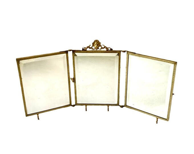 Antique French Trifold Brass Vanity Boudoir Mirror With Brass Lion Head
