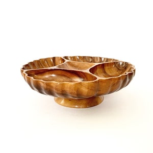 Vintage Turning Wooden Divided Snack Nut Dish | Vintage Lazy Susan Monkey Pod Dish | Made in Philippines
