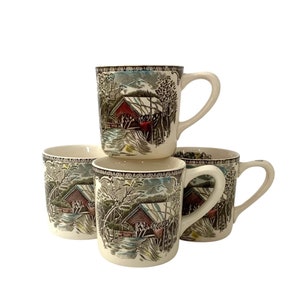 Vintage FRIENDLY VILLAGE Mugs “The Covered Bridge” by Johnson Bros England | Set of 4