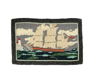 1940’s SHIP AT SEA Hooked Rug with Lighthouse | Hand Made Schooner Rug | Vintage Nautical Rug