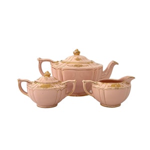 Vintage SADLER Teekanne Nr. 1992 mit Sahne & Zucker in Pink und Gold | England