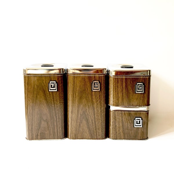 Vintage Retro Canister Set | Mid-Century Canister Set | Brown Woodgrain Canister Set | EKCO Canada Canister Set