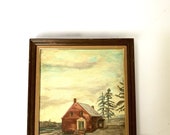 Vintage Oil Cabin Landscape Painting Signed by Artist Original Wooden Frame