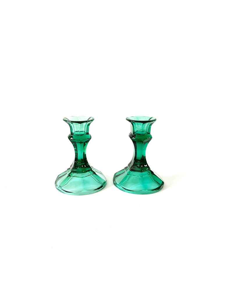 Vintage Pair Green Pressed Glass Taper Candle Holders