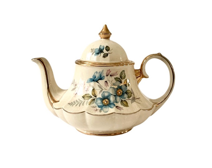 Vintage SADLER Carousel Teapot in Ivory Cream Blue Floral Gilded Gold
